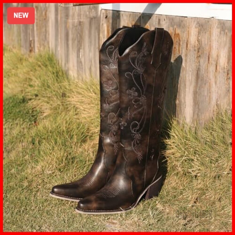 Knee High Western Boots Floral Embroidery Pointed Toe Block Heel Pull On - Picture 3 of 7